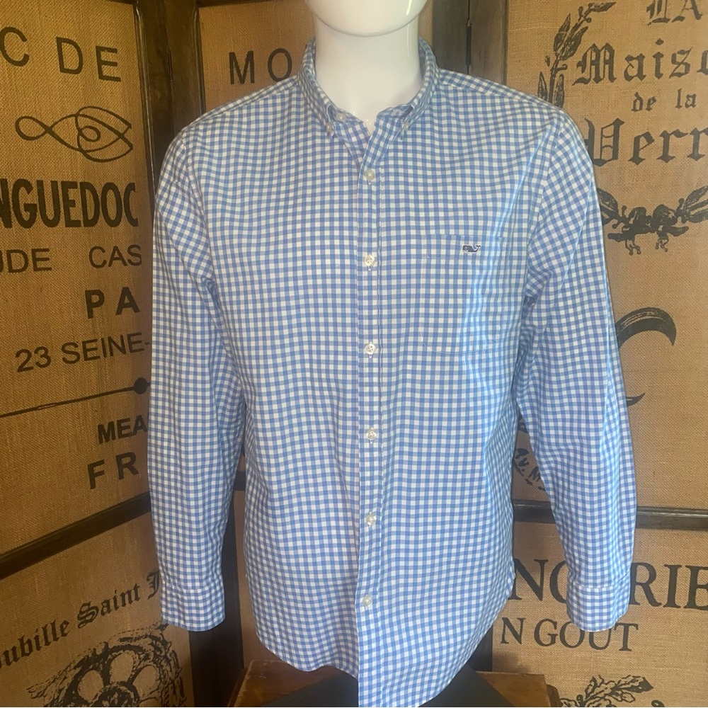 Vineyard Vines Blue and White Gingham Tucker Shirt, Slim Fit, L